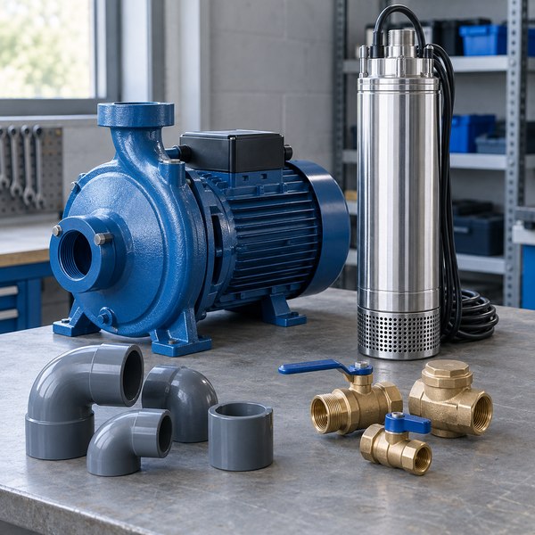 Pumps, pipes, fittings, valves and tanks